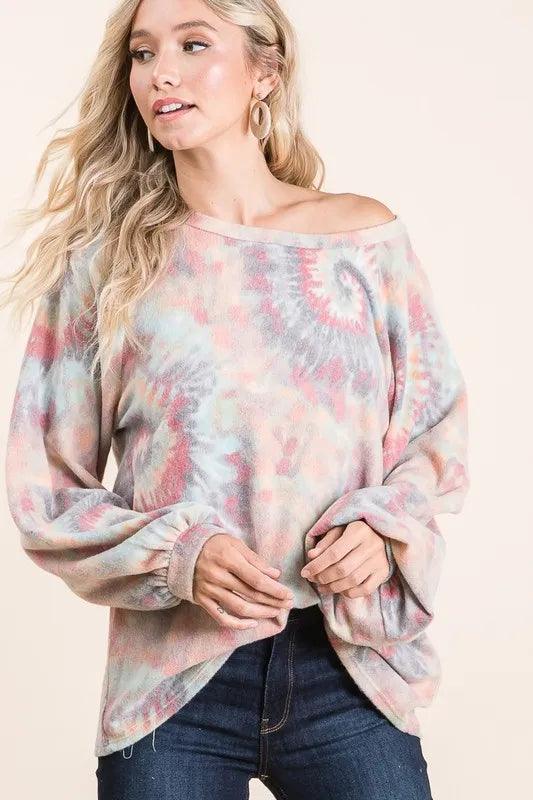 BiBi Brushed Tie Dye Print Top with Puff Sleeves - Which Mark