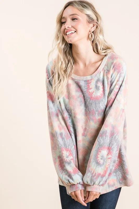 BiBi Brushed Tie Dye Print Top with Puff Sleeves - Which Mark