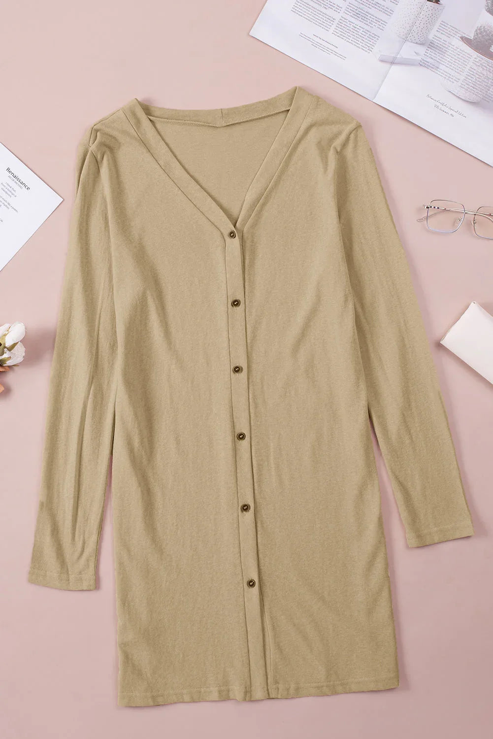 Solid Color Open-Front Buttons Cardigan - Which Mark