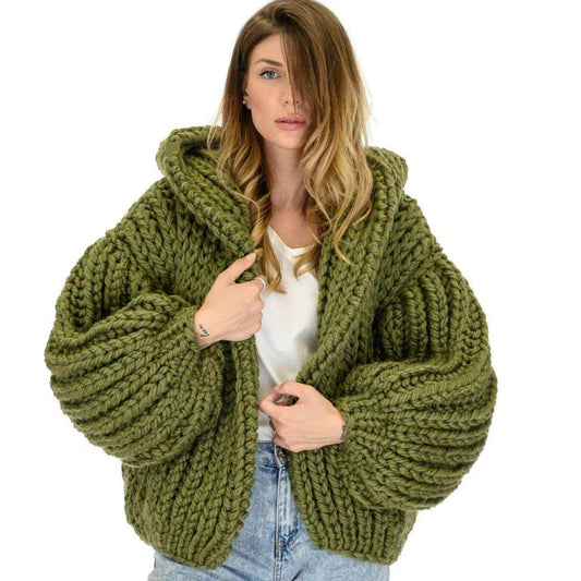 Loose And Hooded Cardigan Coat Handmade Knitting Needle Women's - Which Mark