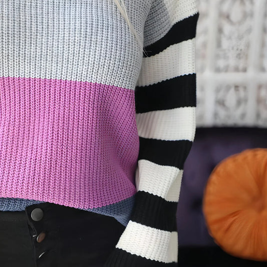 Striped Round Neck Long Sleeve Hit Color Casual Loose Sweater - Which Mark