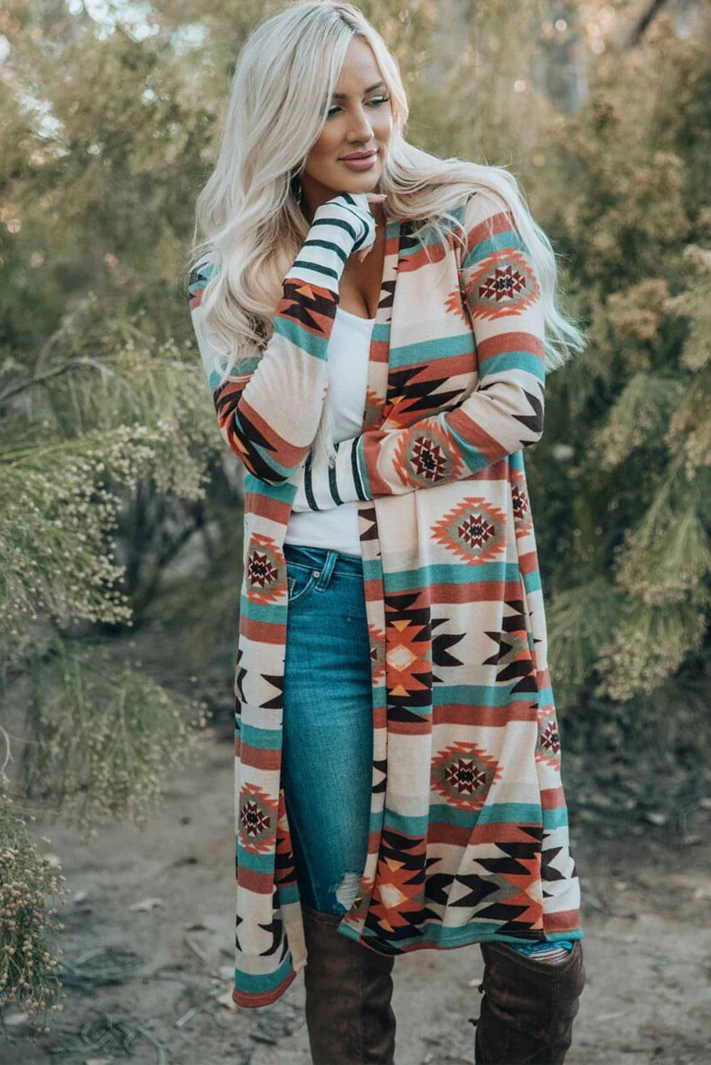 Multicolor Geometric Color Block Open Front Long Cardigan - Which Mark