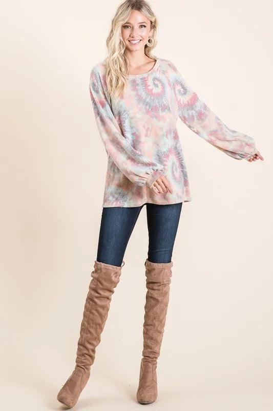 BiBi Brushed Tie Dye Print Top with Puff Sleeves - Which Mark