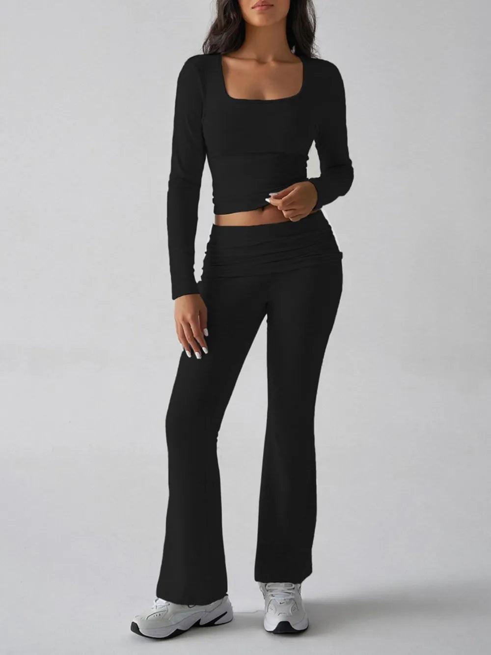 Devine Square Neck Long Sleeve Top and Pants Set - Which Mark
