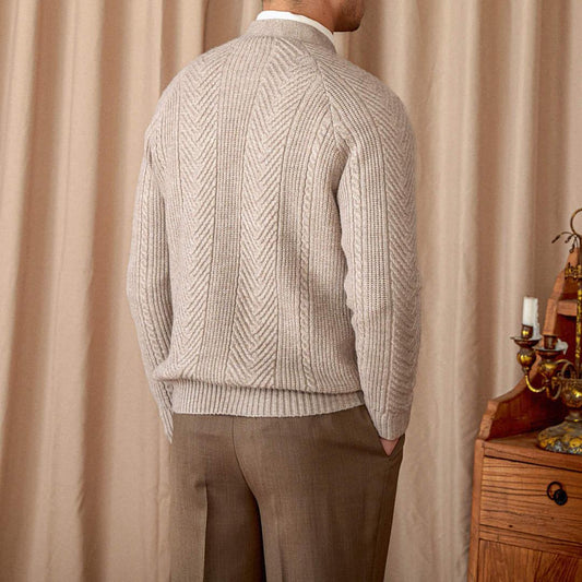 V-neck Solid Color Jacquard Knitted Cardigan Sweater Coat - Which Mark