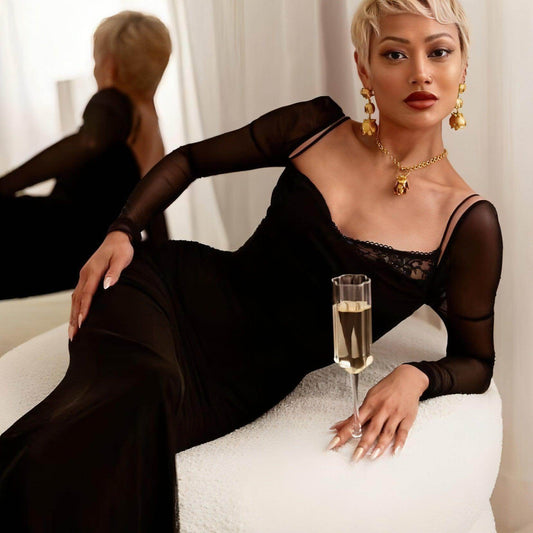 Women's Black With Fishbone Braces Long Sleeve Tight Dress - Which Mark