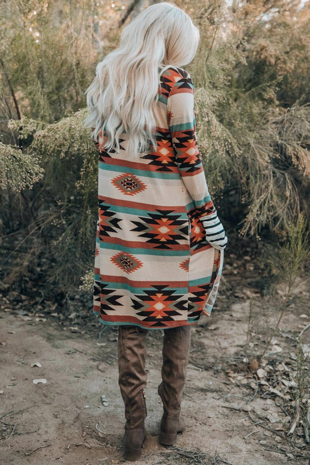 Multicolor Geometric Color Block Open Front Long Cardigan - Which Mark