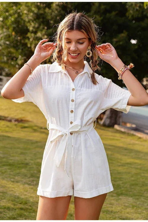 Pure Color Short-sleeved Lapel Tie Jumpsuit Casual Jumpsuit Women - Which Mark