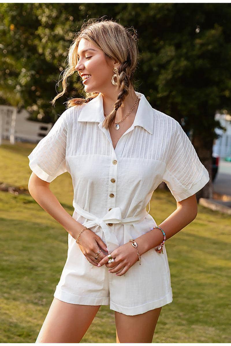 Pure Color Short-sleeved Lapel Tie Jumpsuit Casual Jumpsuit Women - Which Mark