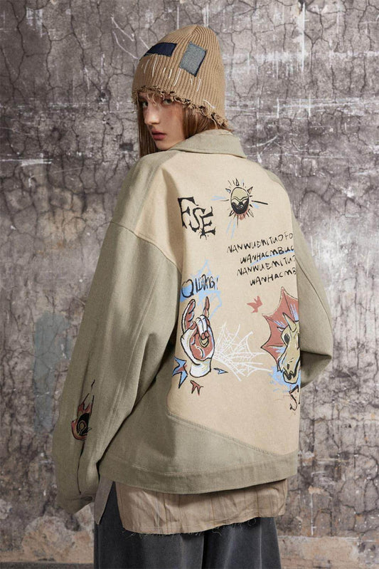 Cultural Graffiti Oil Painting Patterned Denim Jacket Men - Which Mark