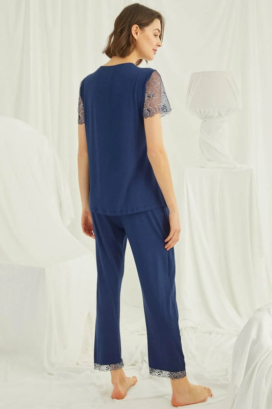 Shopymommy 19298 Lace Maternity & Nursing Pajamas Navy Blue - Which Mark