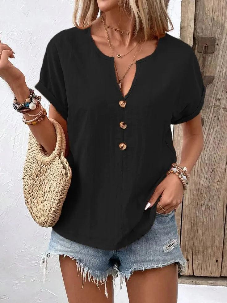 Full Size Notched Short Sleeve Top Plus Size - Which Mark