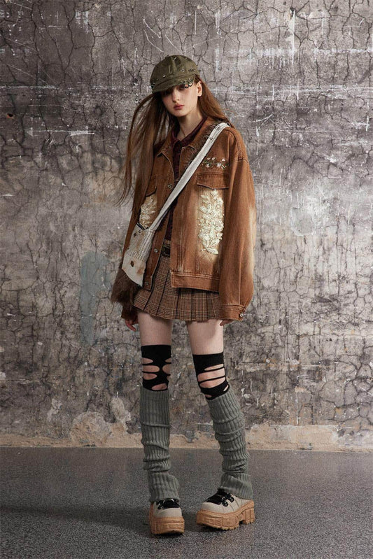 Floral Embroidery Spray Painting Denim Jacket Men & Women Punk - Which Mark