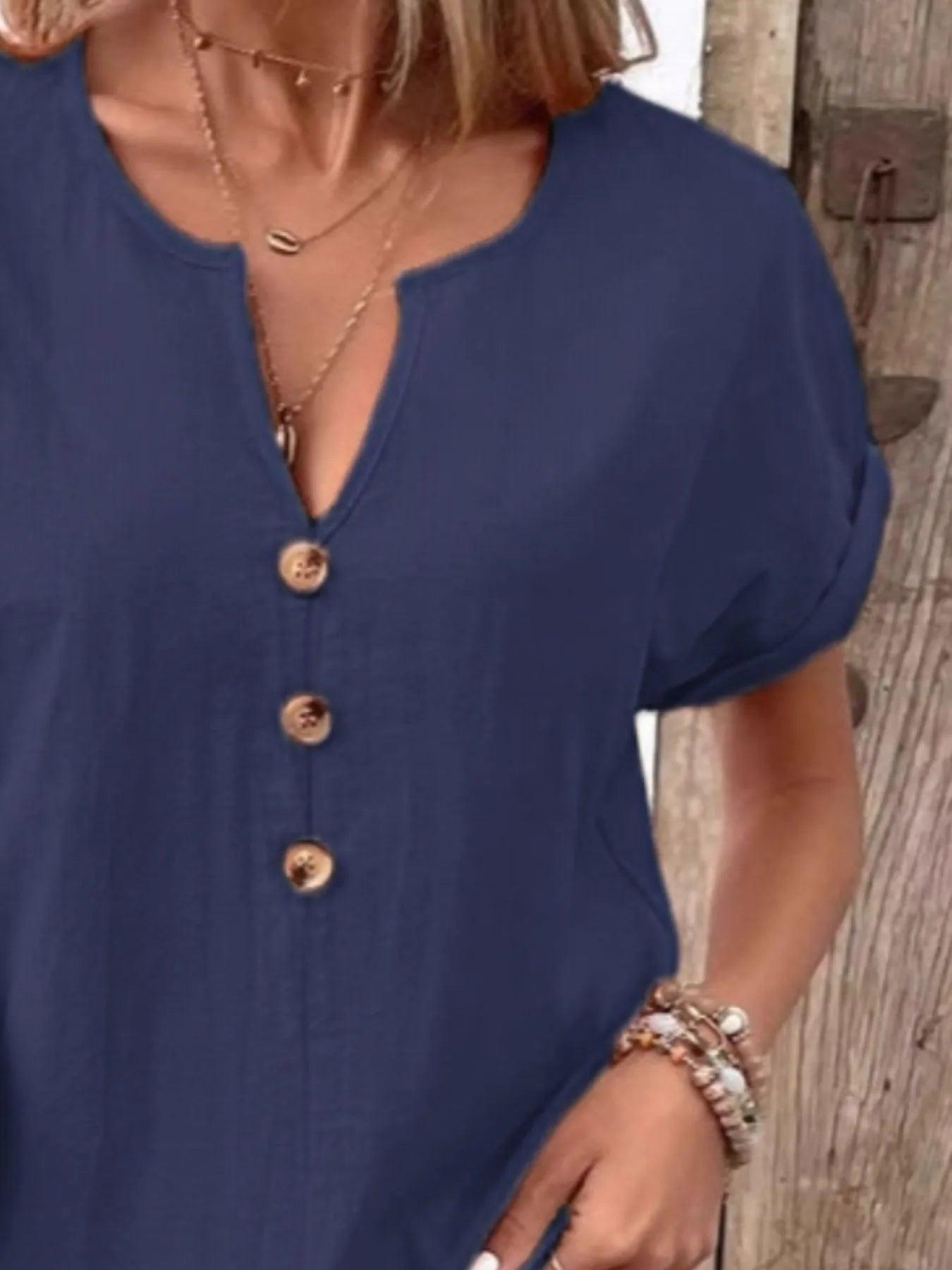 Full Size Notched Short Sleeve Top Plus Size - Which Mark
