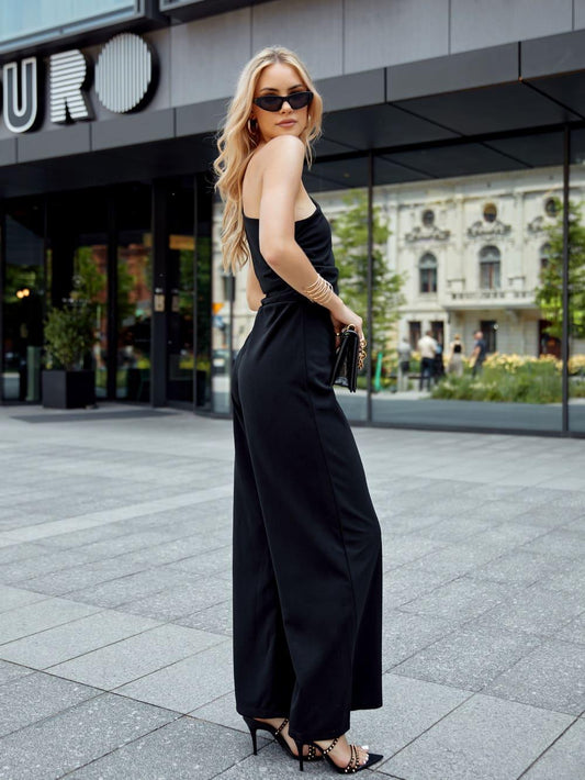 Elegant one-shoulder jumpsuit with wide legs, black 23560 - Which Mark