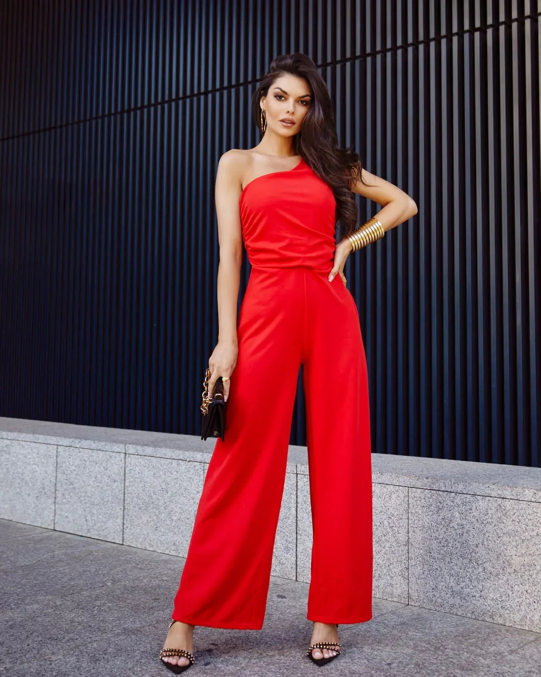 Elegant one-shoulder jumpsuit with wide legs, red 23560 - Which Mark