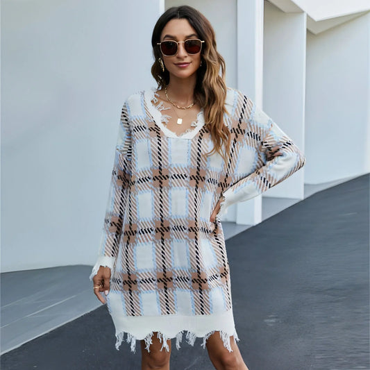 A1. Lazy Style Long Sleeve Pullover Sweater Plaid Base Knitting Dress - Which Mark