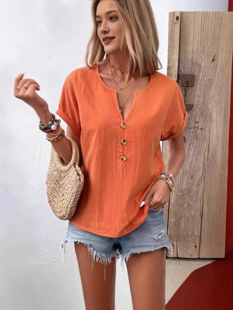 Full Size Notched Short Sleeve Top Plus Size - Which Mark