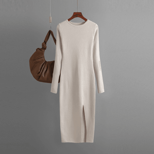Autumn And Winter Long Sleeve Knitted Backless Round Neck Dress - Which Mark