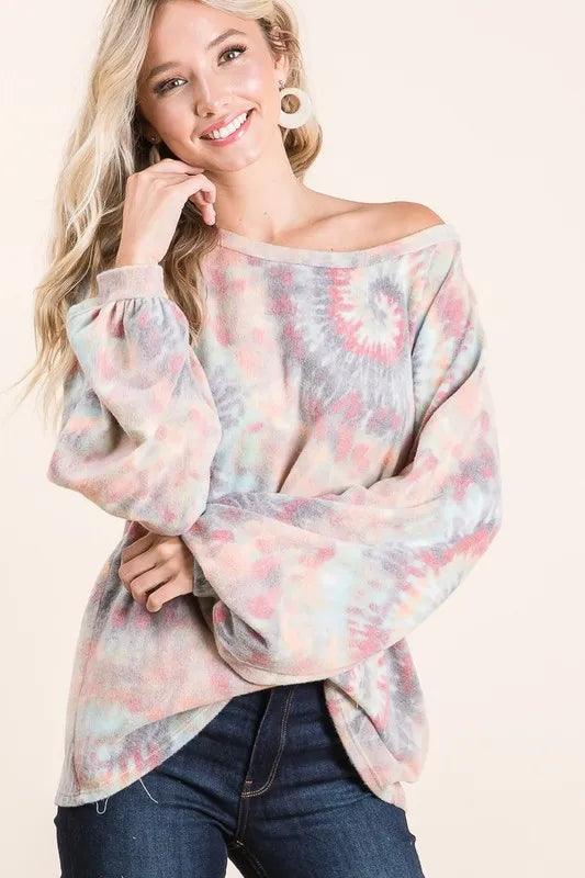 BiBi Brushed Tie Dye Print Top with Puff Sleeves - Which Mark