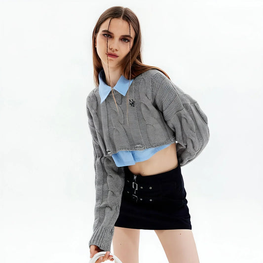 Short Long Sleeve Lazy Wind Pullover Knit Sweater Spice Girl Crew Neck - Which Mark