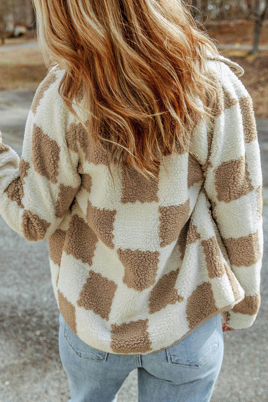 Brown Checked Snap Button Sherpa Jacket - Which Mark