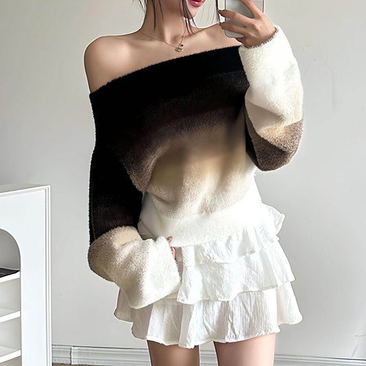 Gradient Off-neck Long-sleeved Woolen Top Women Sweater - Which Mark