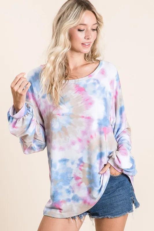 BiBi Tie Dye Print Terry Top With Puff Sleeves - Which Mark
