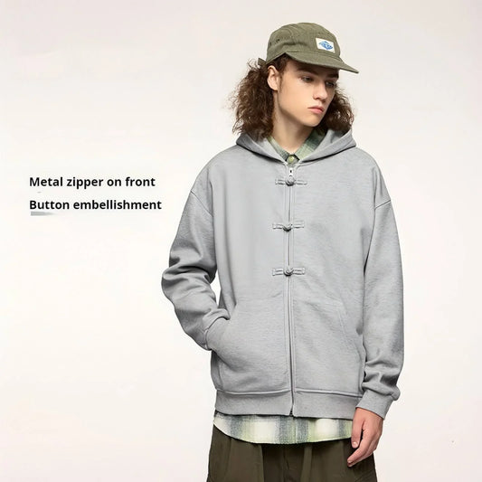 New Chinese Style Buckle Fleece Zipper Hooded Sweater - Which Mark