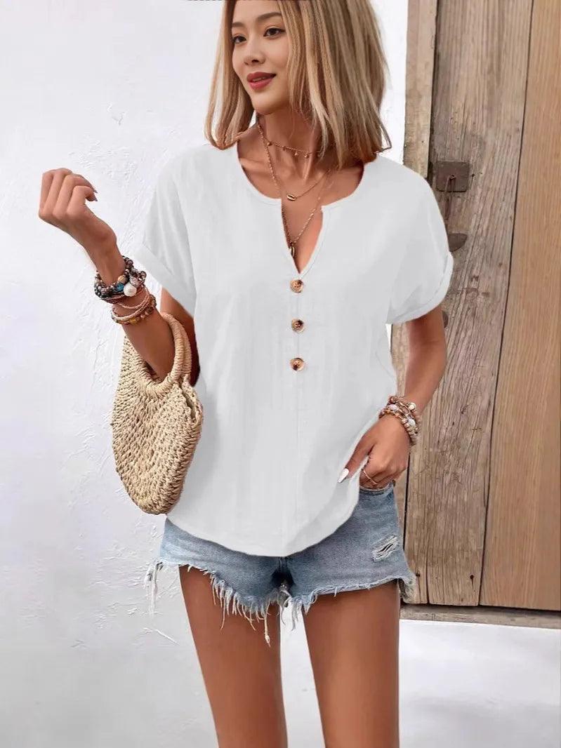 Full Size Notched Short Sleeve Top Plus Size - Which Mark