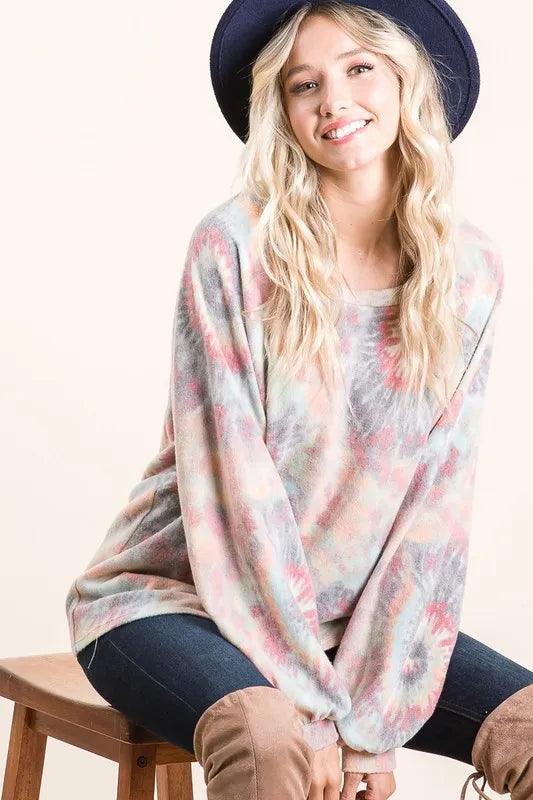 BiBi Brushed Tie Dye Print Top with Puff Sleeves - Which Mark