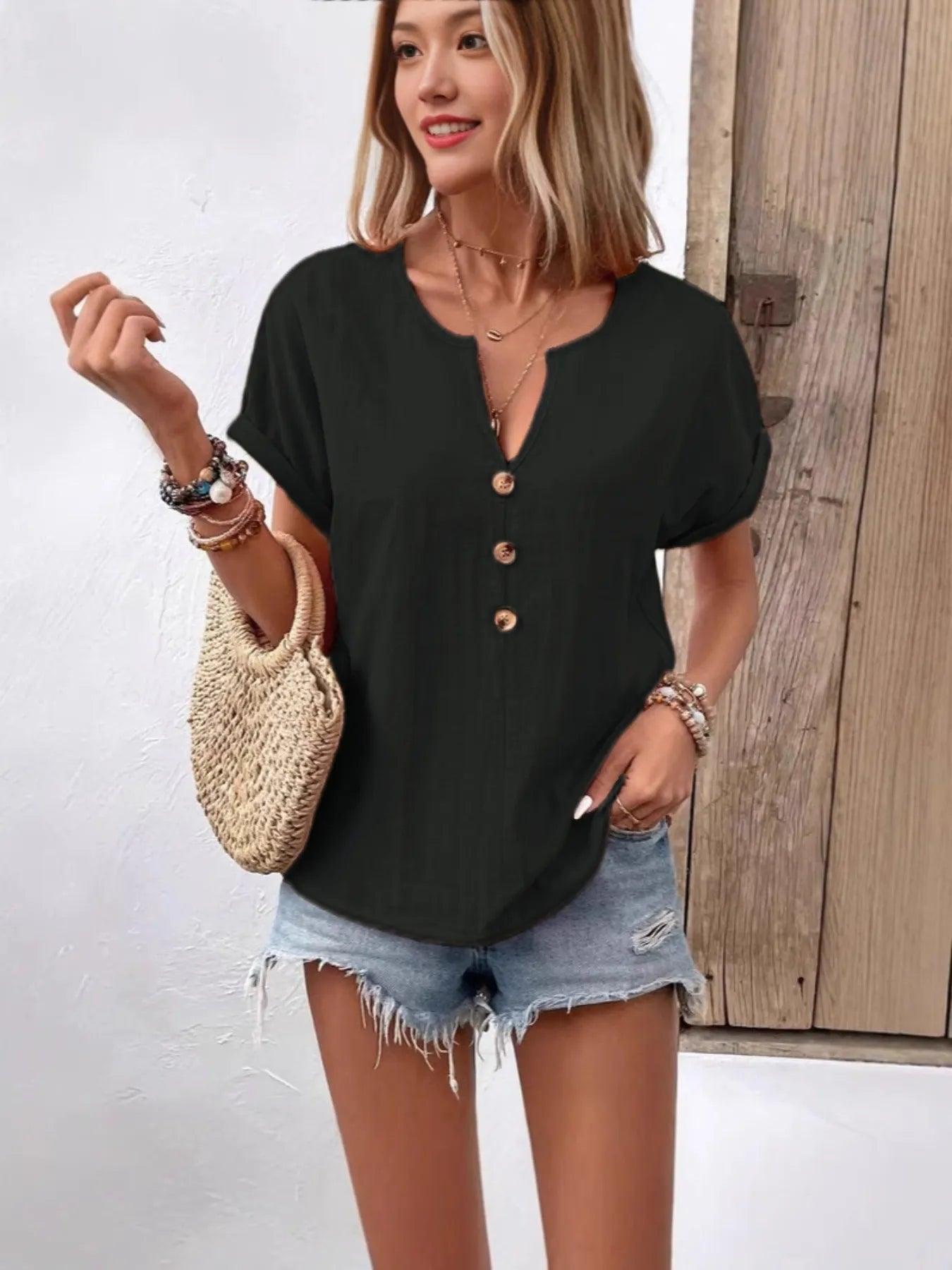 Full Size Notched Short Sleeve Top Plus Size - Which Mark