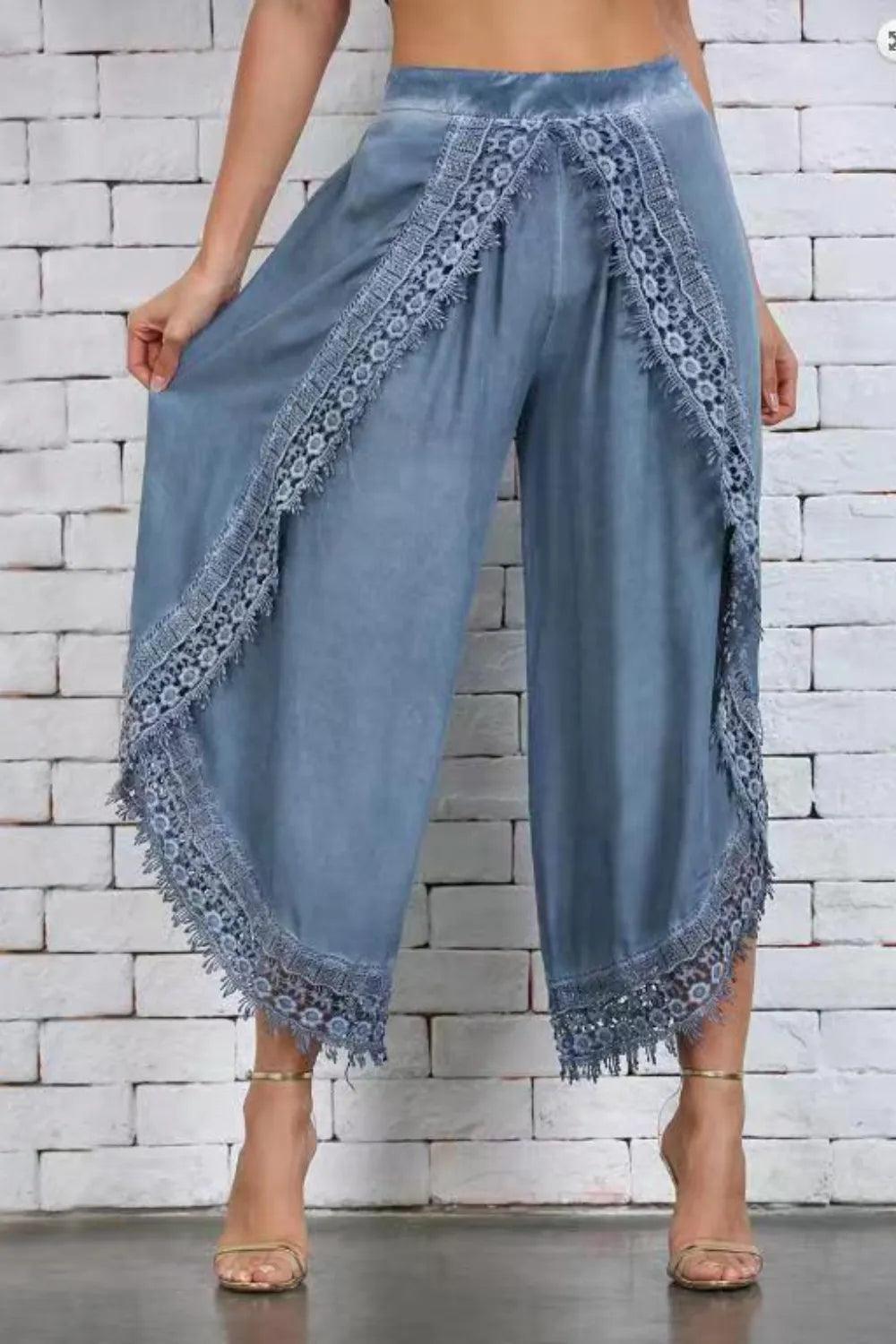 Full Size Lace Detail Wide Leg Pants Plus Size - Which Mark