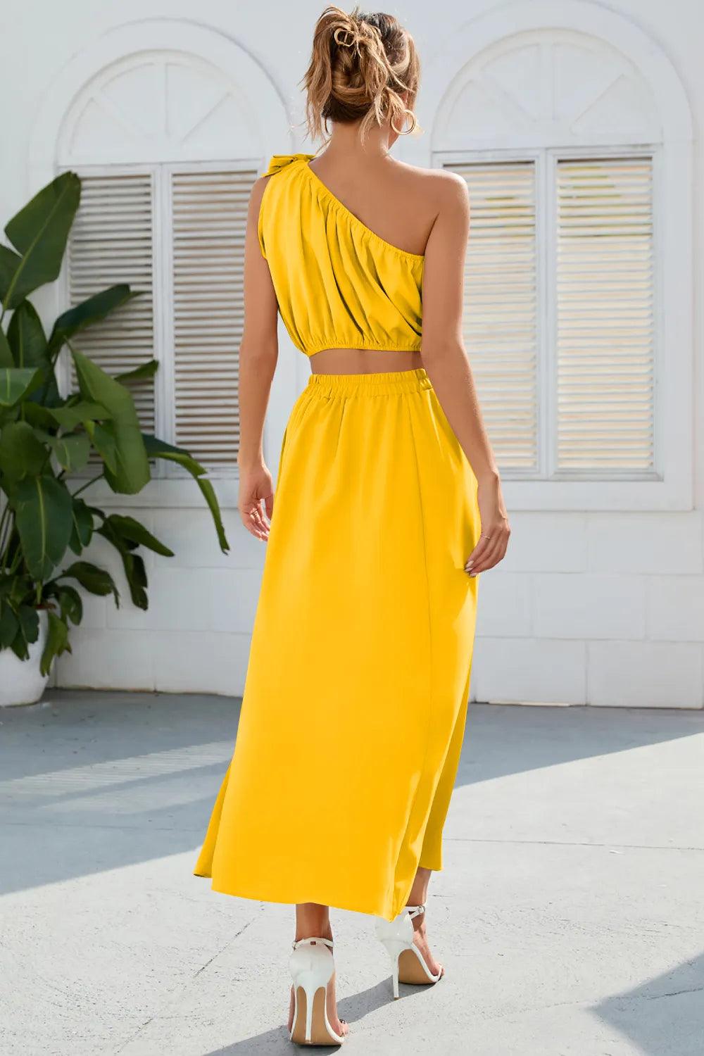 Ruched One Shoulder Top and Slit Skirt Set - Which Mark