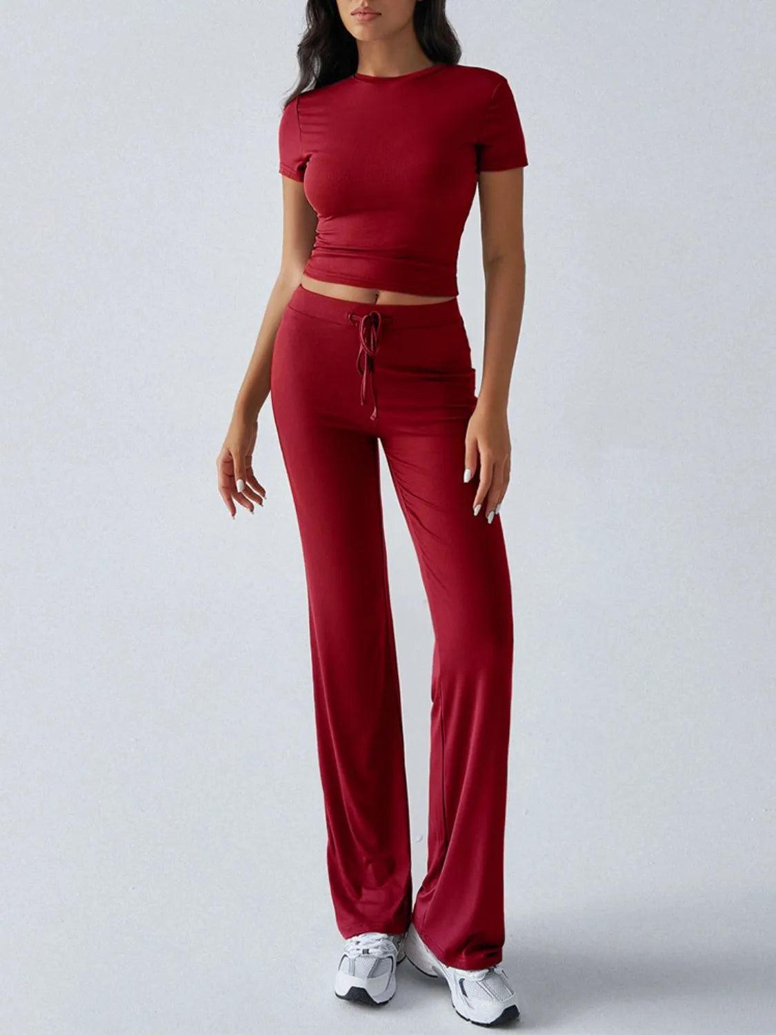 Round Neck Short Sleeve Top and Pants Set - Which Mark