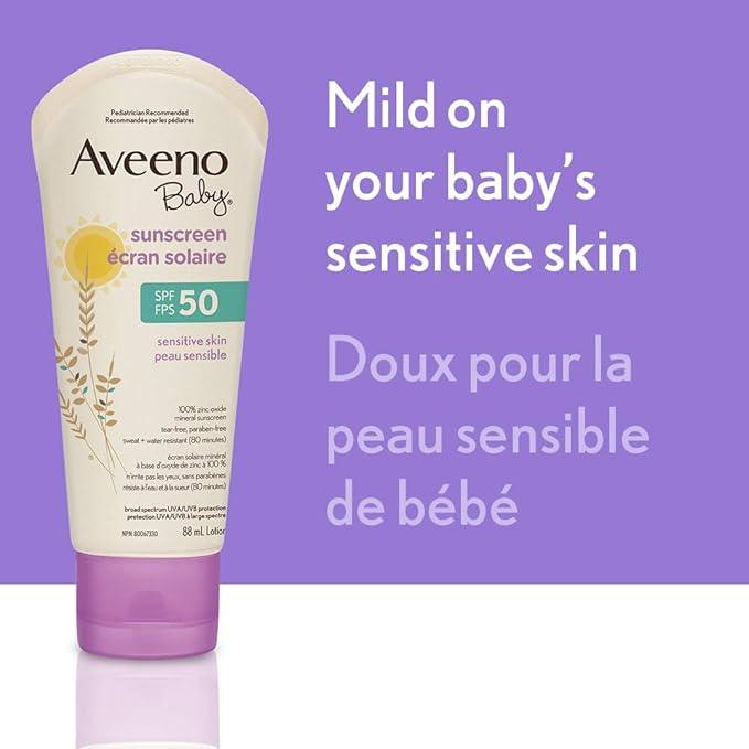 Aveeno Baby Mineral Sunscreen Lotion SPF 50-100 Naturally Sourced Zinc Oxide for Sensitive Skin - Water Resistant - 88 mL(packaging may vary) - Which Mark