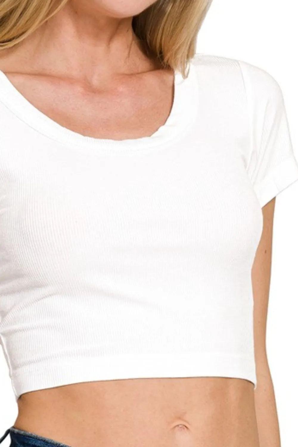 Zenana Ribbed Scoop Neck Crop Short Sleeve Top - Which Mark