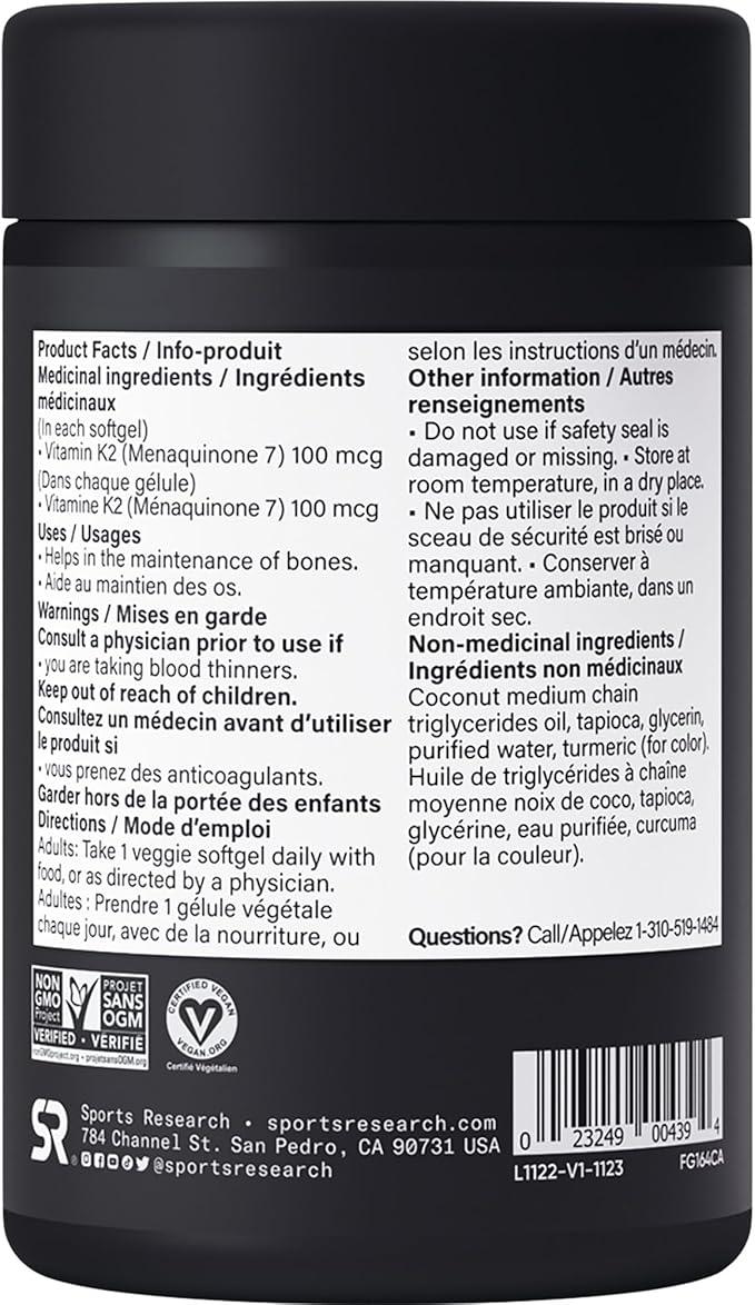 Sports Research Vitamin K2 as MK7 with Coconut MCT Oil | Non-GMO Verified, Vegan Certified (60 Veggie-Softgels) - Which Mark