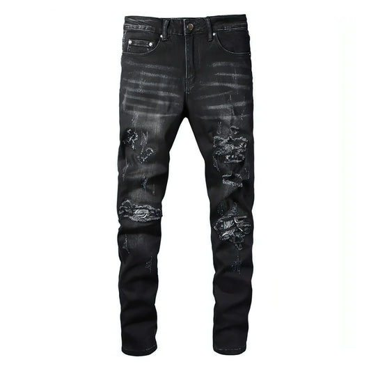 UrbanEase™ Black Cashew Flower Printed Patch Torn Jeans For Men - Which Mark