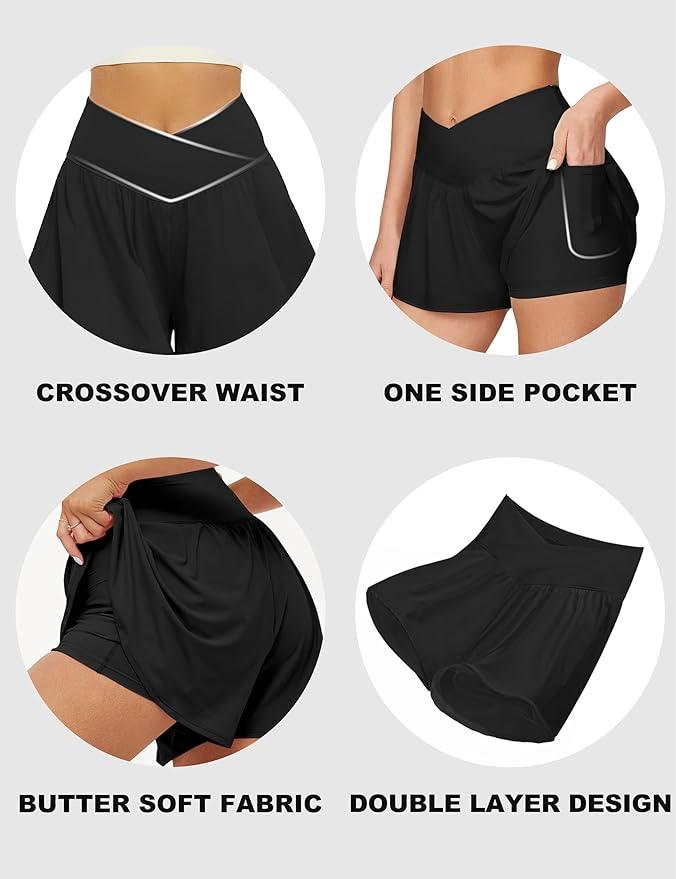 FireSwan Crossover Athletic Shorts for Women 2 in 1 Flowy Running Shorts with Pockets Spandex Butterfly Workout Tennis Skorts - Which Mark