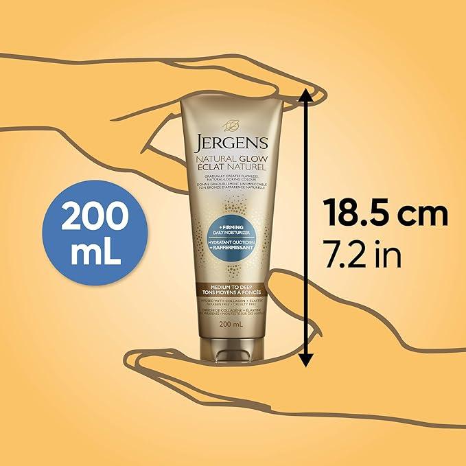 Jergens Natural Glow +Firming Daily Moisturizer & Gradual Sunless Self Tanning Body Lotion for Dry Skin, Medium to Deep Shade (200 mL) - Which Mark