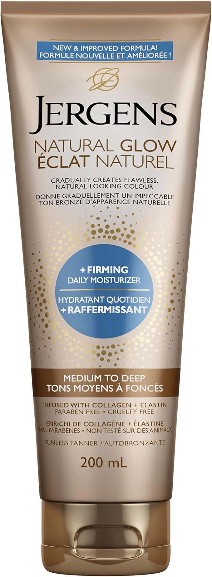 Jergens Natural Glow +Firming Daily Moisturizer & Gradual Sunless Self Tanning Body Lotion for Dry Skin, Medium to Deep Shade (200 mL) - Which Mark