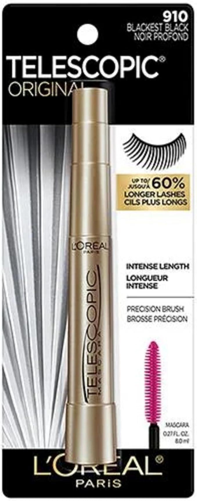 L’Oréal Paris Telescopic Mascara, Eyelash Lengthening Mascara, Unique Non-Clumping Formula, Delivers Intense Length, For Sensitive Eyes, Blackest Black, 8 ml - Which Mark