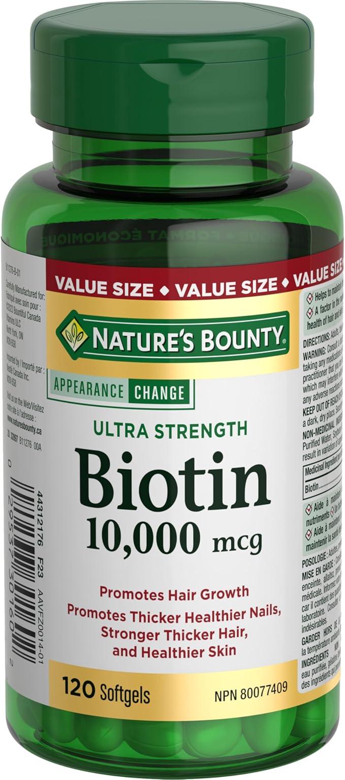 NATURE'S BOUNTY Biotin, Ultra Strength, 10,000 mcg, Promotes Hair Growth, Thicker Healthier Nails, Stronger Thicker Hair & Healthier Skin, Helps Metabolize Nutrients, Softgels, 55.4 g - Which Mark