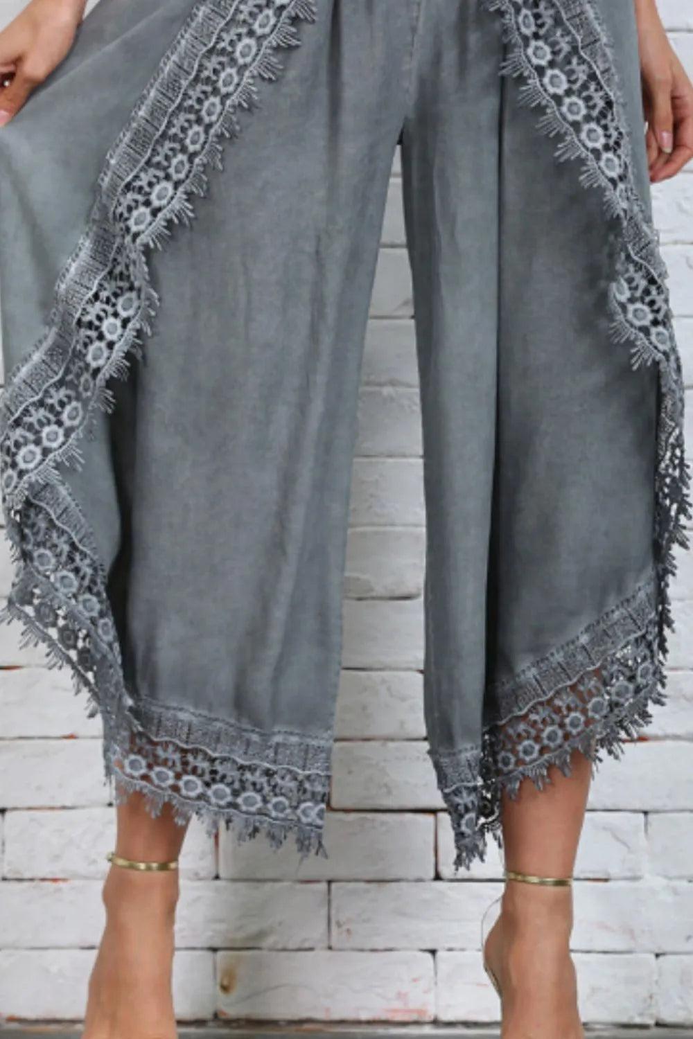 Full Size Lace Detail Wide Leg Pants Plus Size - Which Mark