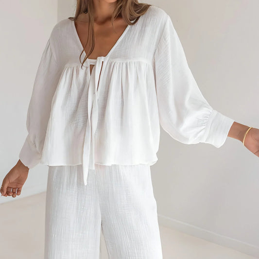 Women's Fashion Long Sleeve Double-layer Crepe Pajamas Trousers Loose - Which Mark