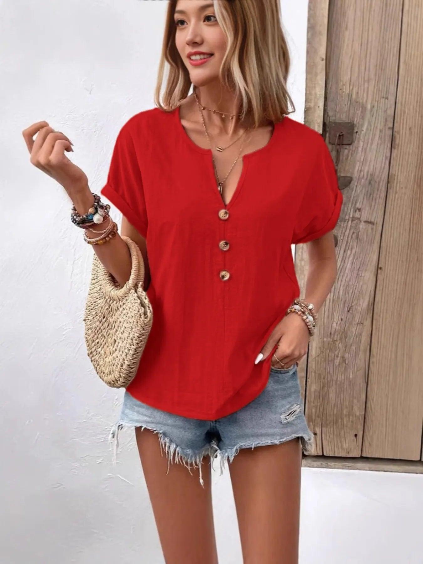 Full Size Notched Short Sleeve Top Plus Size - Which Mark