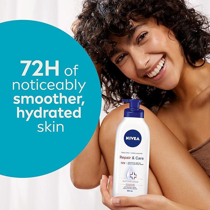 NIVEA Repair and Care Body Lotion for Dry Skin, 72-Hour Moisturizing Lotion for Extra Dry Skin, Fast-Absorbing, Non-Greasy Daily Body Moisturizer With Provitamin B5, 625mL Climate Pledge Friendly - Which Mark