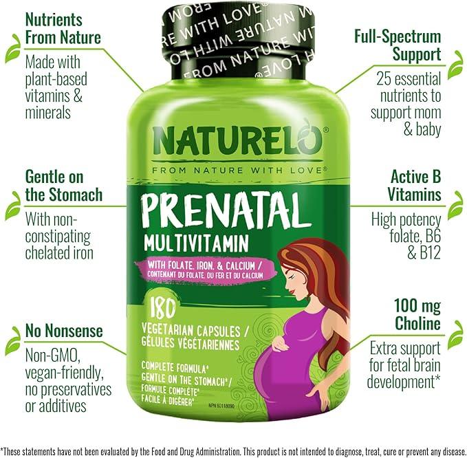 NATURELO Prenatal Multivitamin with Gentle Chelated Iron, Methyl Folate, Plant Calcium & Choline - Vegan, Vegetarian - Non-GMO - Gluten Free - 180 Capsules - 2 Month Supply - Which Mark