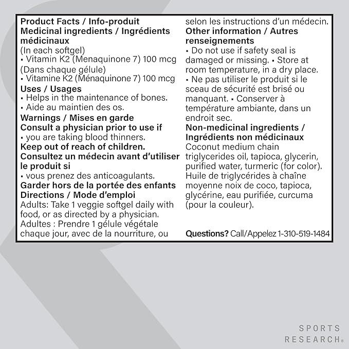 Sports Research Vitamin K2 as MK7 with Coconut MCT Oil | Non-GMO Verified, Vegan Certified (60 Veggie-Softgels) - Which Mark